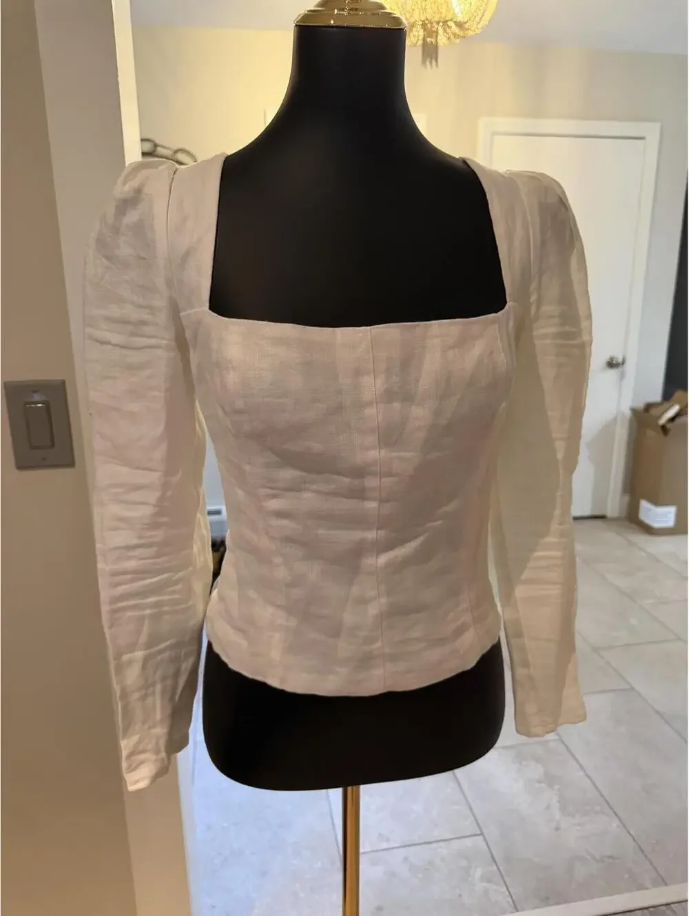 Reformation 100% Linen White Stilton Square Neck Ruched back side zip top 6